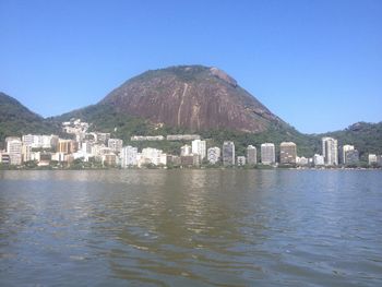 Scenic view of river in front of mountains against clear blue sky