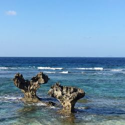 Scenic view of sea against clear blue sky