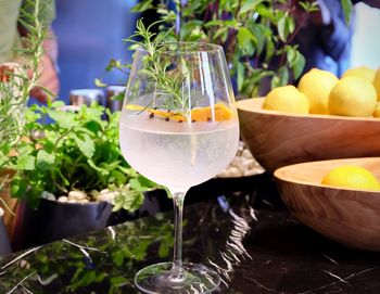 Close-up of fruits in glass on table