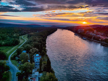 High angle view of city during sunset