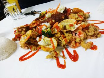 High angle view of meal served on table