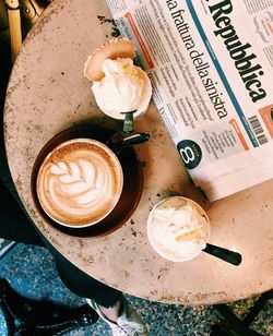 High angle view of coffee on table