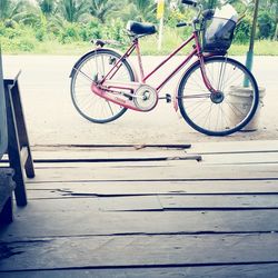 Close-up of wooden railing