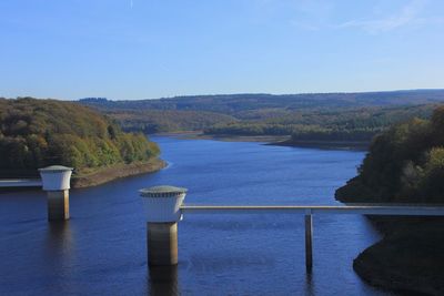 Scenic view of river against blue sky