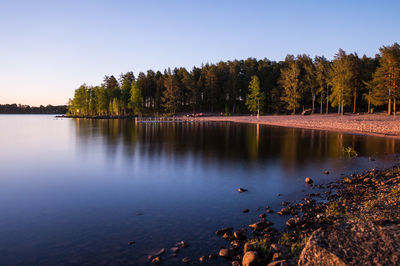 Scenic view of lake in forest against clear sky