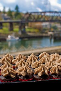 Cupcakes by window against ballard locks