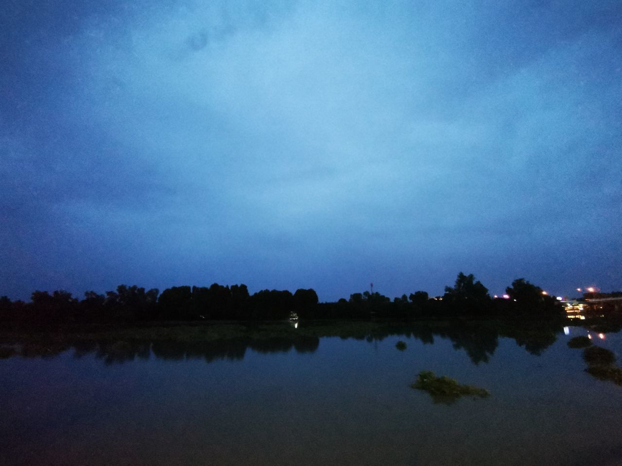 REFLECTION OF TREES IN LAKE AT NIGHT