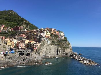 Scenic view of sea against clear blue sky