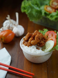 High angle view of food served on table