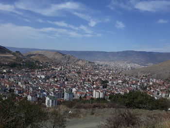 High angle shot of townscape against sky