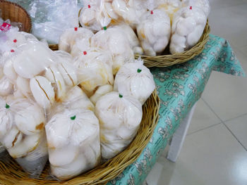 High angle view of candies in basket