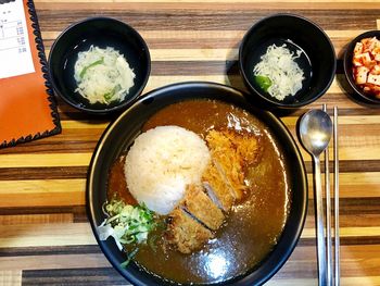 High angle view of meal served on table