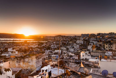 High angle view of cityscape during sunset