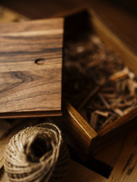 High angle view of open book on table