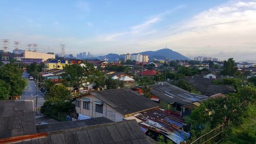 High angle view of houses against sky