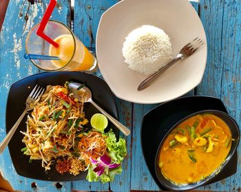 High angle view of food served on table