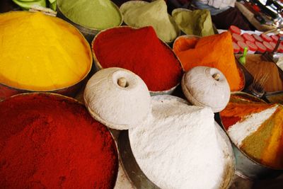 High angle view of multi colored vegetables for sale in market