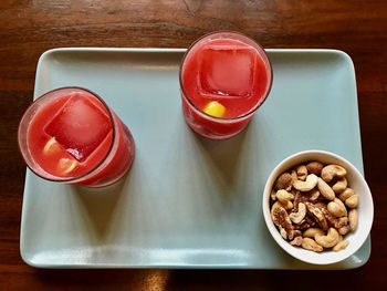 High angle view of breakfast on table