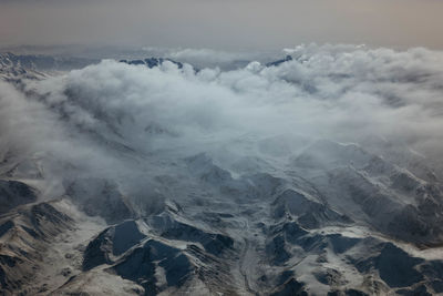 Aerial view of snowcapped mountains against sky