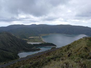Scenic view of lake and mountains against sky