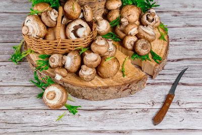 High angle view of mushrooms in basket