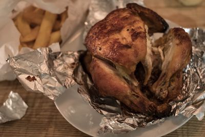 Close-up of meat in plate on table