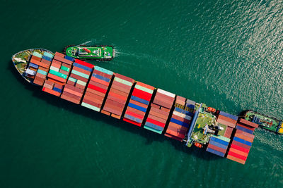 High angle view of ship sailing on sea