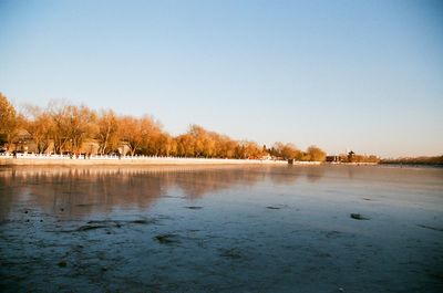 Scenic view of lake against clear sky during winter