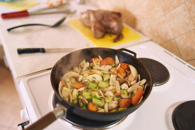 High angle view of food in container on table