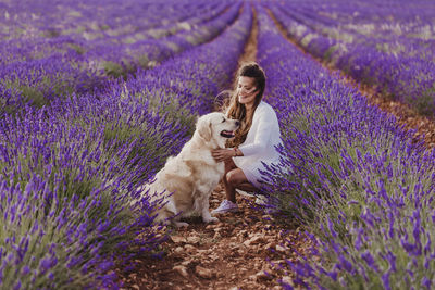 Woman with dog by purple flowering plants on land