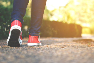 Low section of woman wearing red canvas shoes