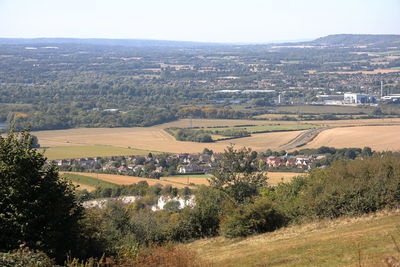 Scenic view of field by buildings against sky