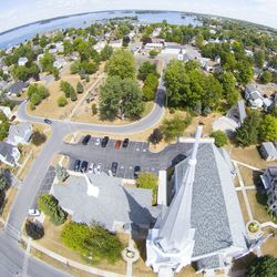 High angle view of modern city against sky