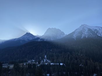 Scenic view of snowcapped mountains against clear sky