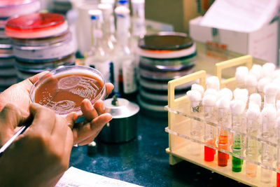 Close-up of person hands experimenting in laboratory