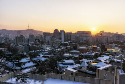 High angle view of cityscape during winter