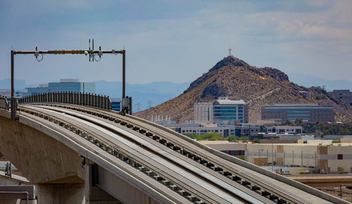 Railroad tracks by buildings against sky