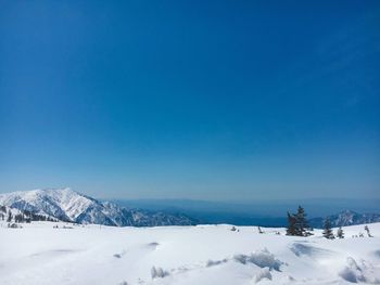 Snow covered landscape against blue sky