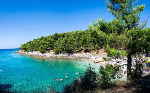 Scenic view of sea against clear blue sky