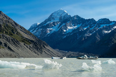 Icebergs floating on lake against mountains