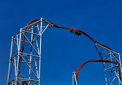 Low angle view of roller coaster against blue sky