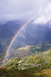 Scenic view of rainbow over mountains against sky