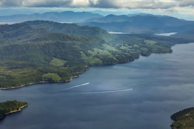 Aerial view on the misty fjords aerial shot