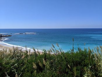 Scenic view of sea against clear blue sky