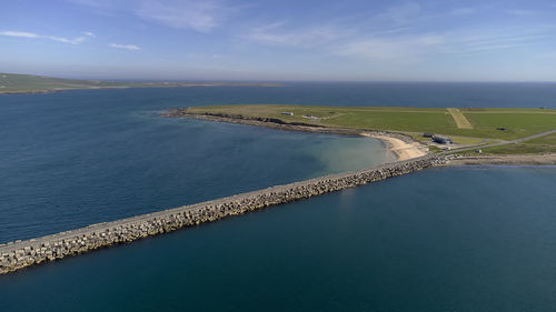 An aerial view of the churchill barriers in orkney, scotland, uk