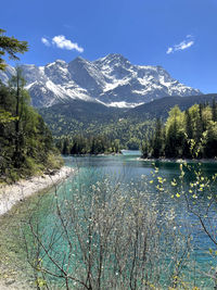 Scenic view of lake by snowcapped mountains against sky