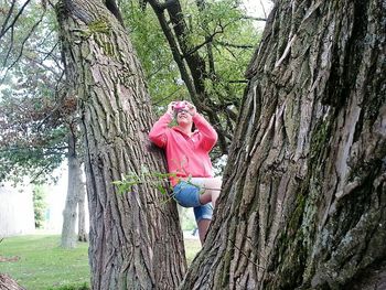 Man standing on tree trunk in forest