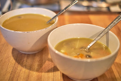 Close-up of soup in bowl on table