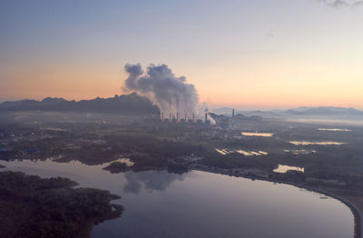 Aerial view steam fumes above the coal power plant. mae moh, lampang, thailand. 