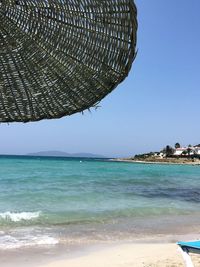 Scenic view of beach against clear blue sky
